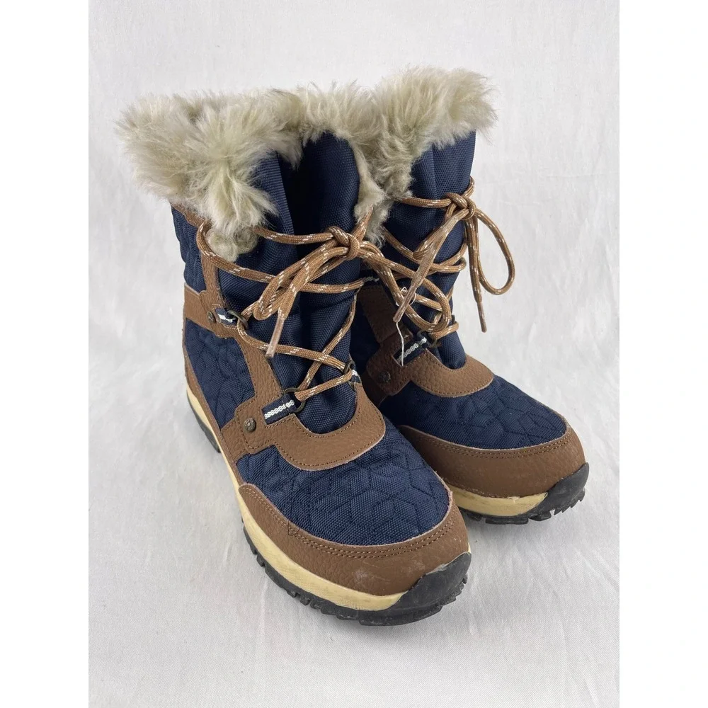 Bearpaw Isabella Women Size 8 Navy Brown Faux Fur Trim Waterproof Winter Boots